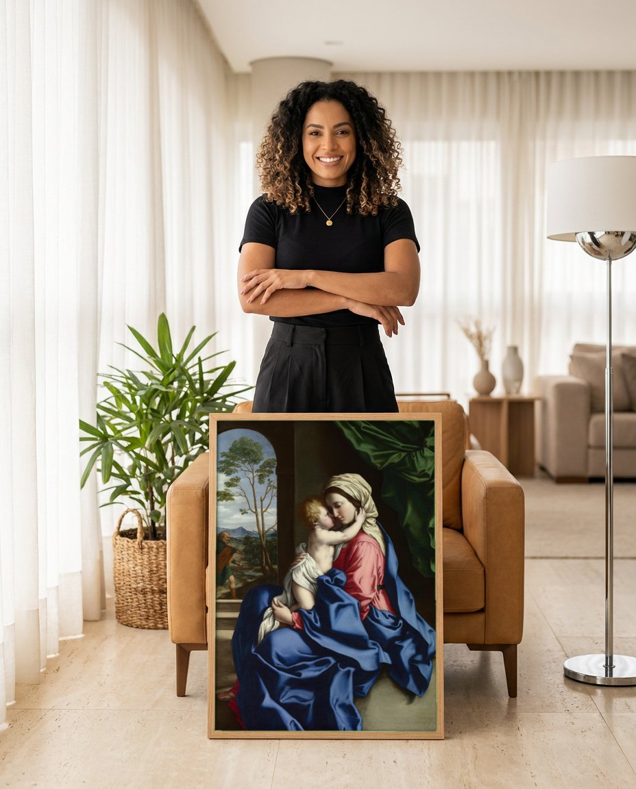 Quadro Decorativo Madonna com o Menino - Sassoferrato | modelo apresentando o quadro emoldurado