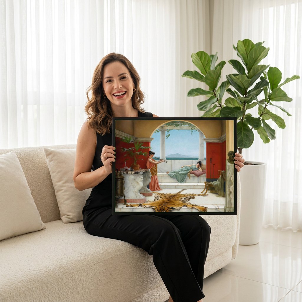 Quadro Decorativo Vesúvio e Duas Jovens - Godward | modelo apresentando o quadro emoldurado
