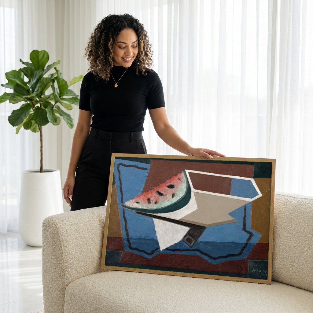 Quadro Decorativo Melancia - Juan Gris | modelo apresentando o quadro emoldurado