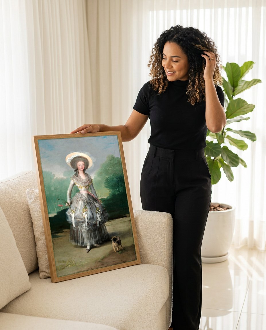 Quadro Decorativo A Marquesa de Pontejos - Goya | modelo apresentando o quadro emoldurado