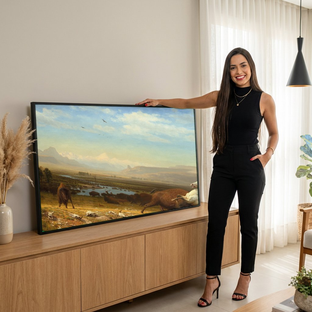 Quadro Decorativo A Última dos Búfalos - Albert Bierstadt com modelo em ambiente