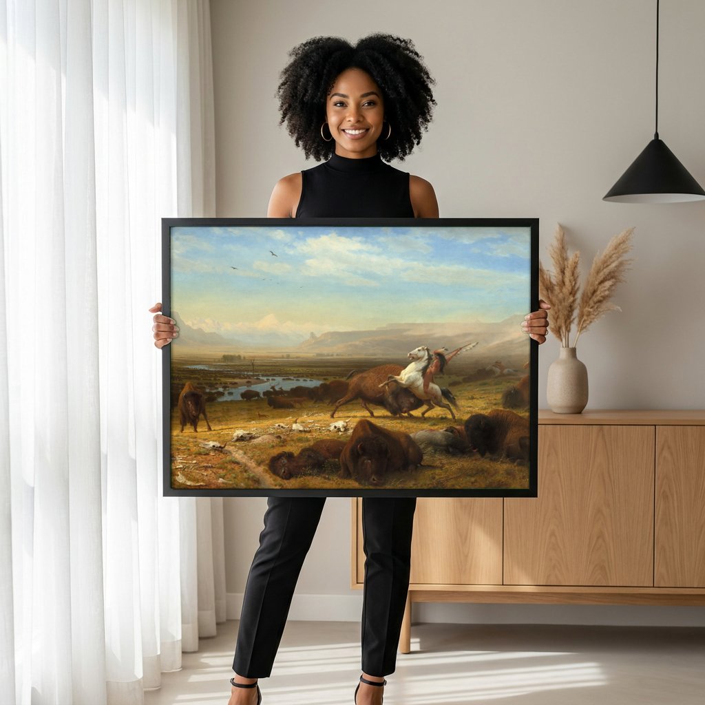 Quadro Decorativo A Última dos Búfalos - Albert Bierstadt com modelo em ambiente