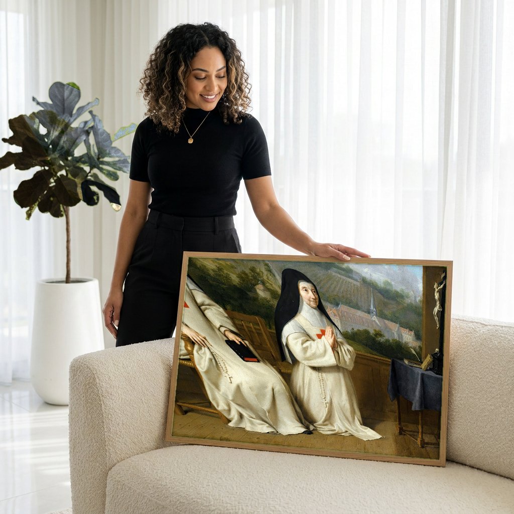 Quadro Decorativo Mães Catherine-Agnès Arnauld e Agnès Arnauld - Philippe de Champaigne com modelo em ambiente