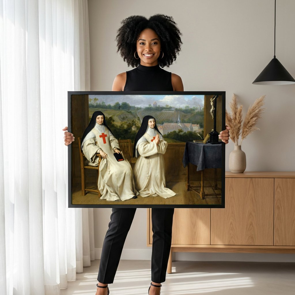 Quadro Decorativo Mães Catherine-Agnès Arnauld e Agnès Arnauld - Philippe de Champaigne com modelo em ambiente