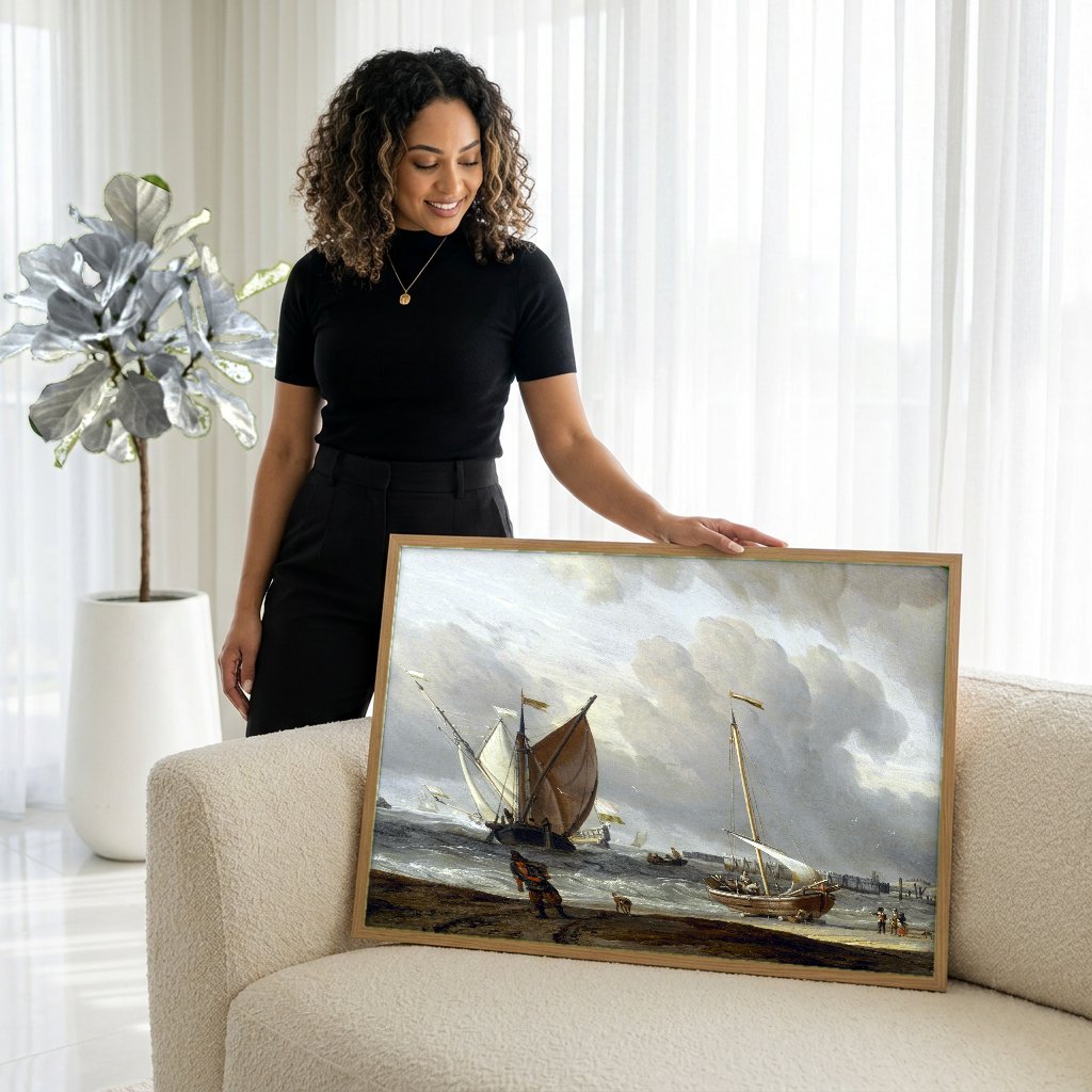 Quadro Decorativo Marinha com Veleiros - Abraham Storck com modelo em ambiente