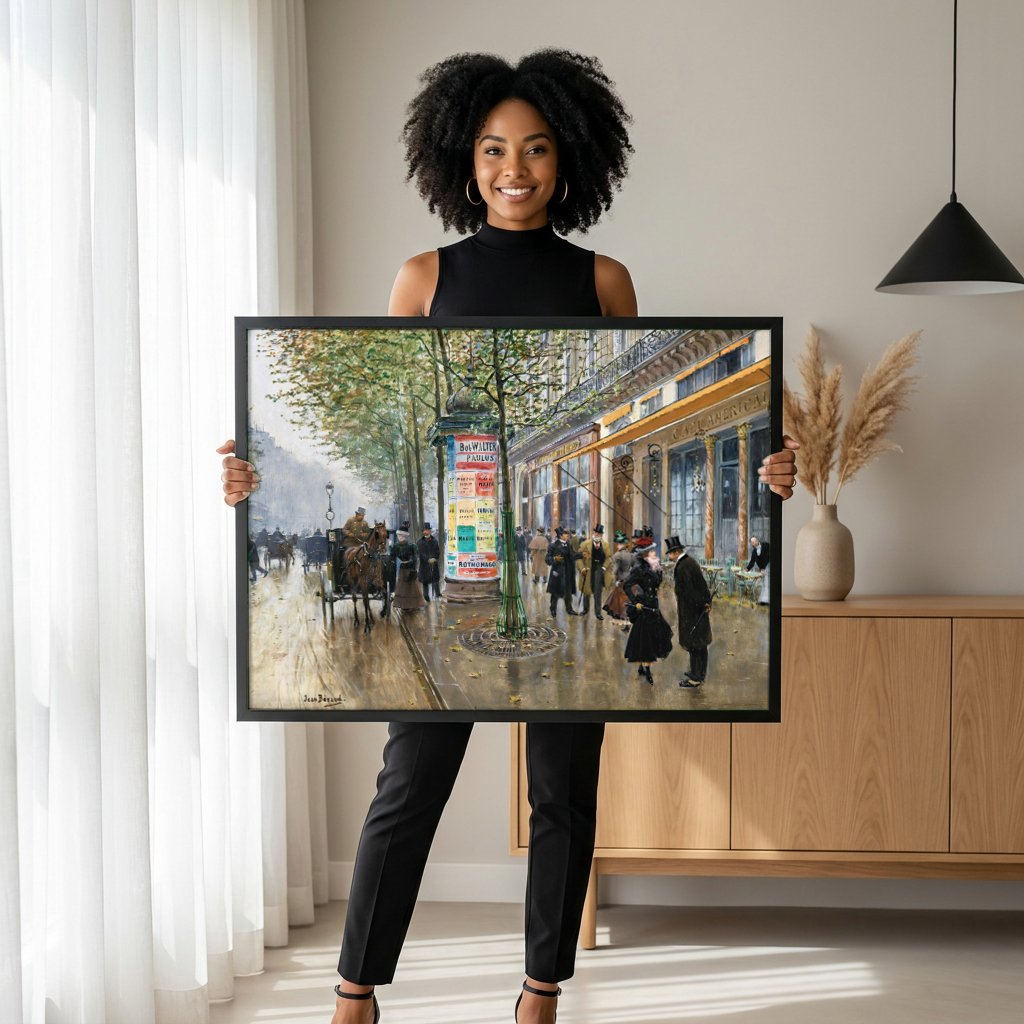 Quadro Decorativo A Rua de Paris após a Chuva - Jean Béraud com modelo em ambiente