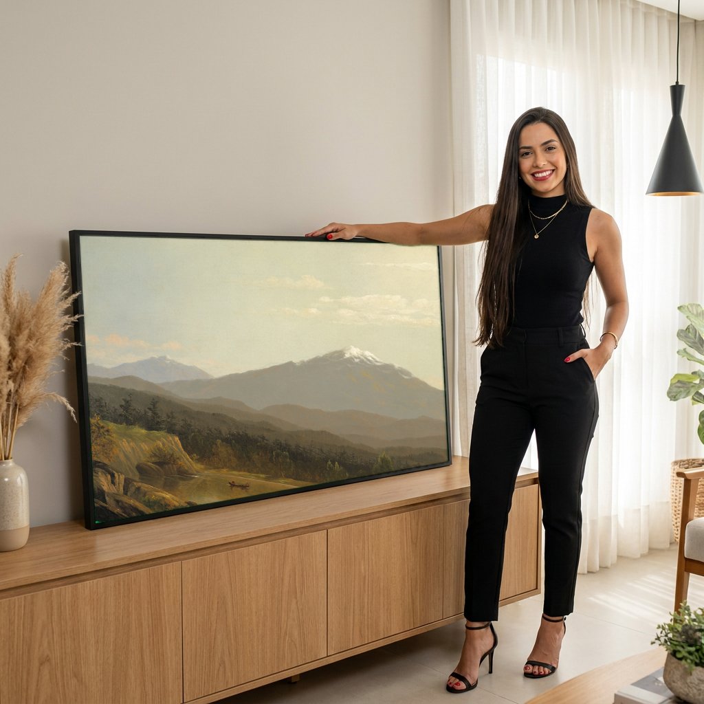 Quadro Decorativo Montanhas Refletidas - Albert Bierstadt com modelo em ambiente