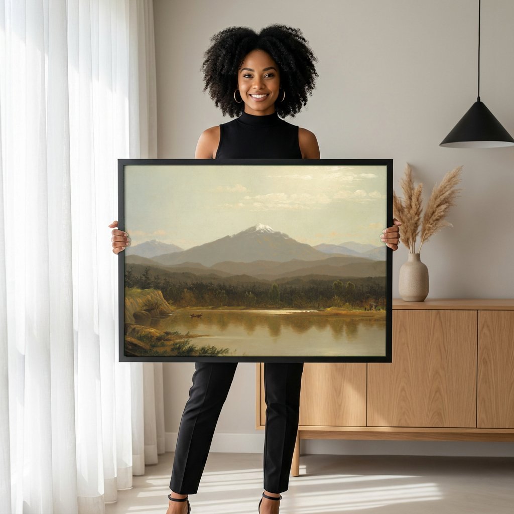Quadro Decorativo Montanhas Refletidas - Albert Bierstadt com modelo em ambiente
