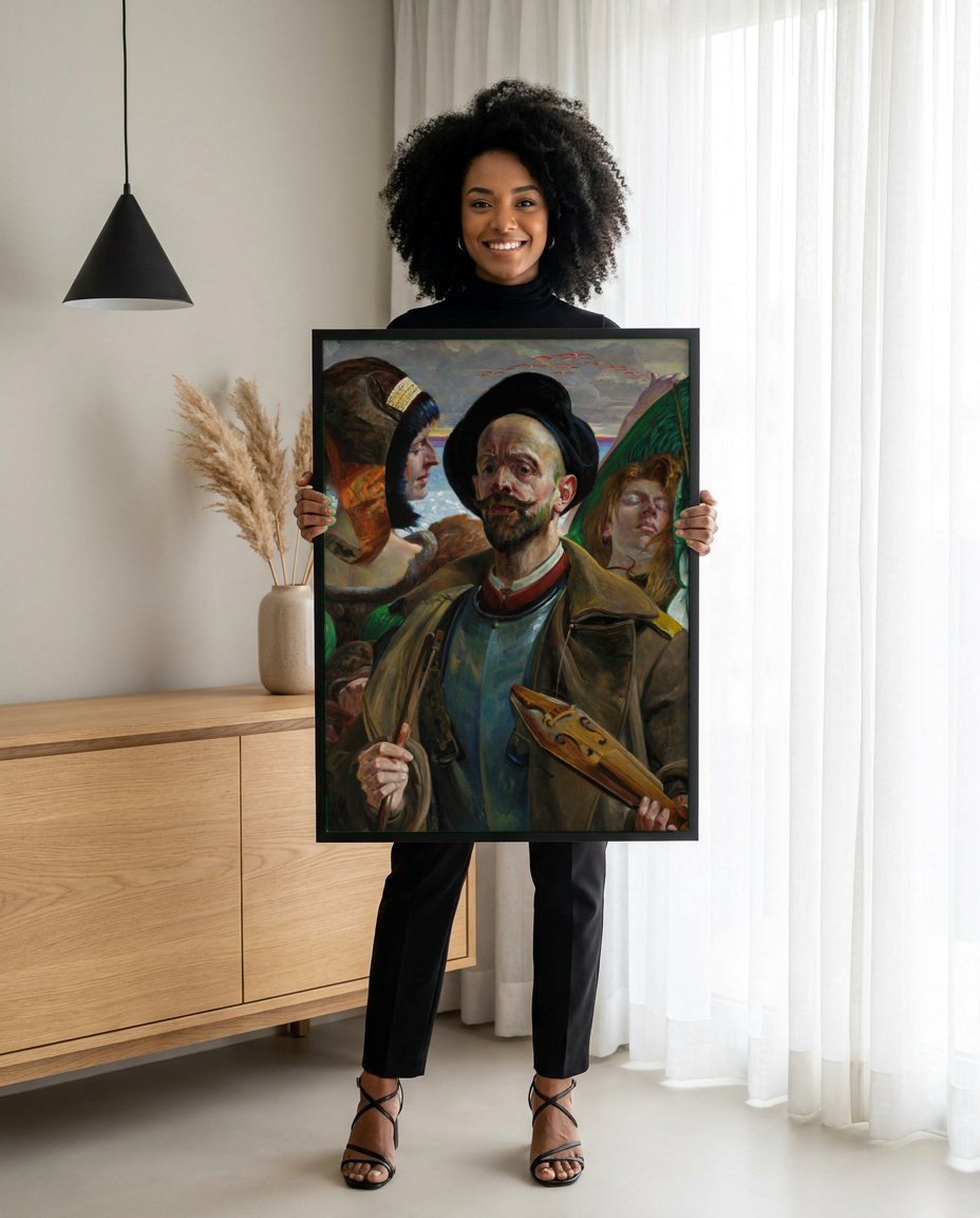 Quadro Decorativo 'Autorretrato com Musas' - Jacek Malczewski | modelo apresentando o quadro emoldurado