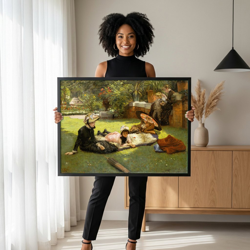 Quadro Decorativo A Festa no Jardim - Tissot | modelo apresentando o quadro emoldurado