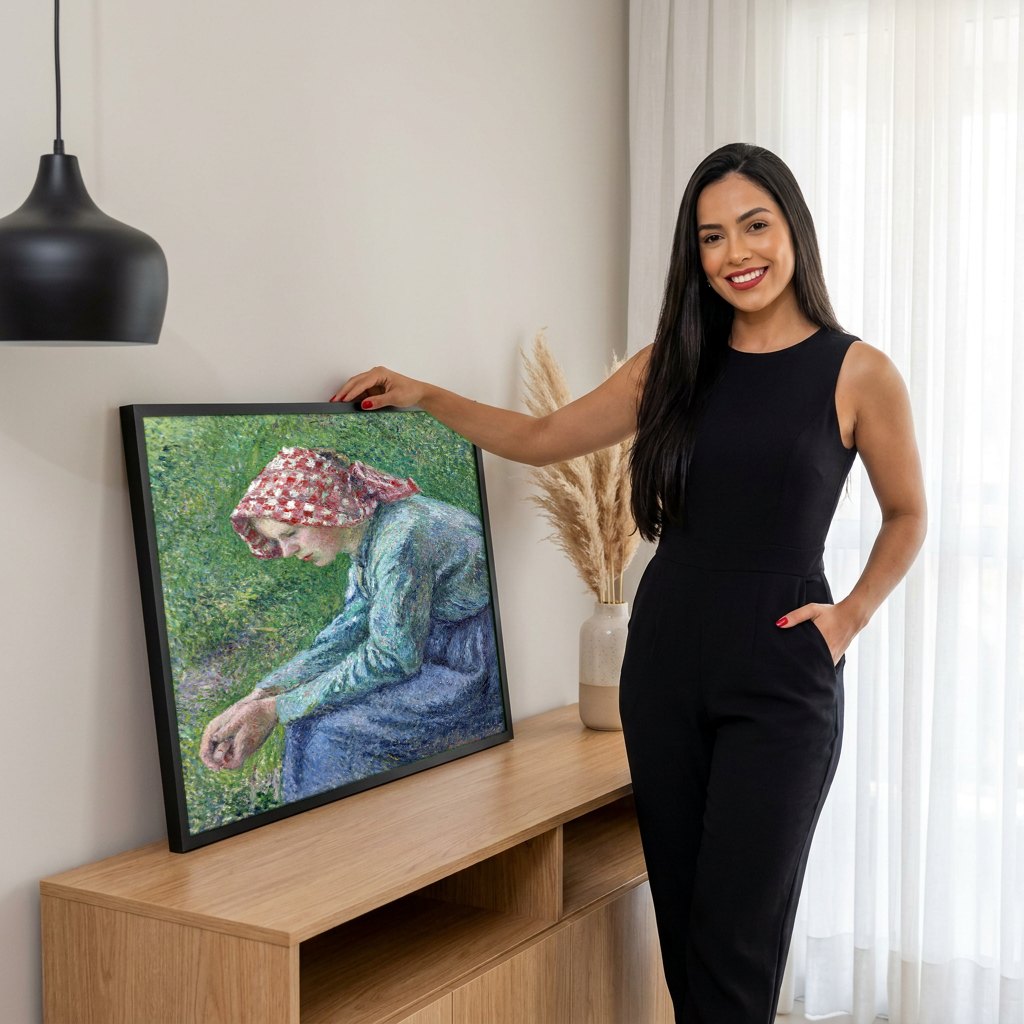 Quadro Decorativo Camponesa Sentada - Pissarro | modelo apresentando o quadro emoldurado
