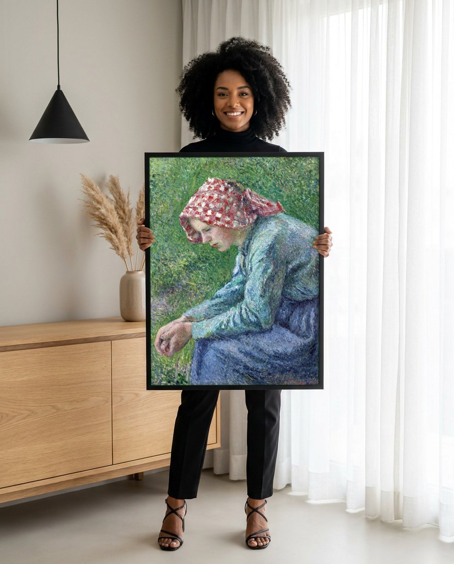Quadro Decorativo Camponesa Sentada - Pissarro | modelo apresentando o quadro emoldurado