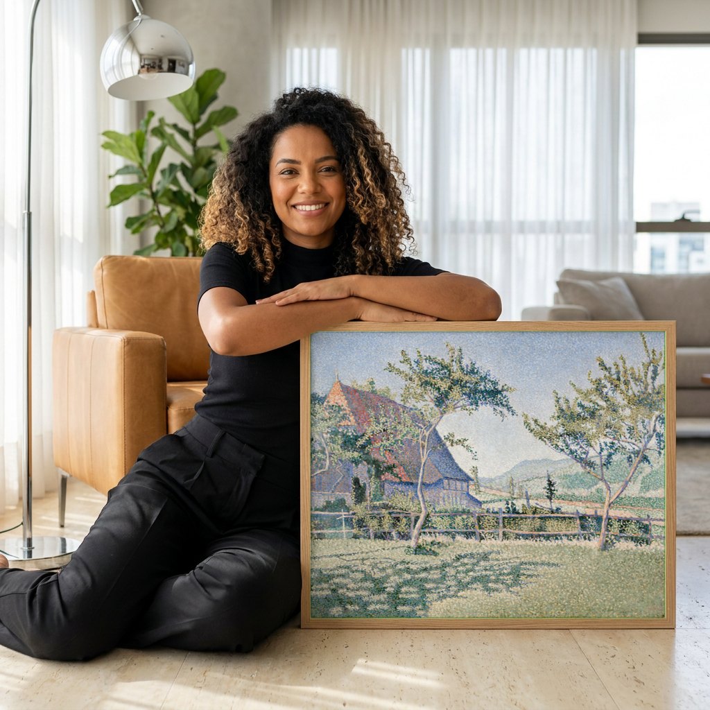 Quadro Decorativo Campo Provençal - Paul Signac | modelo apresentando o quadro emoldurado