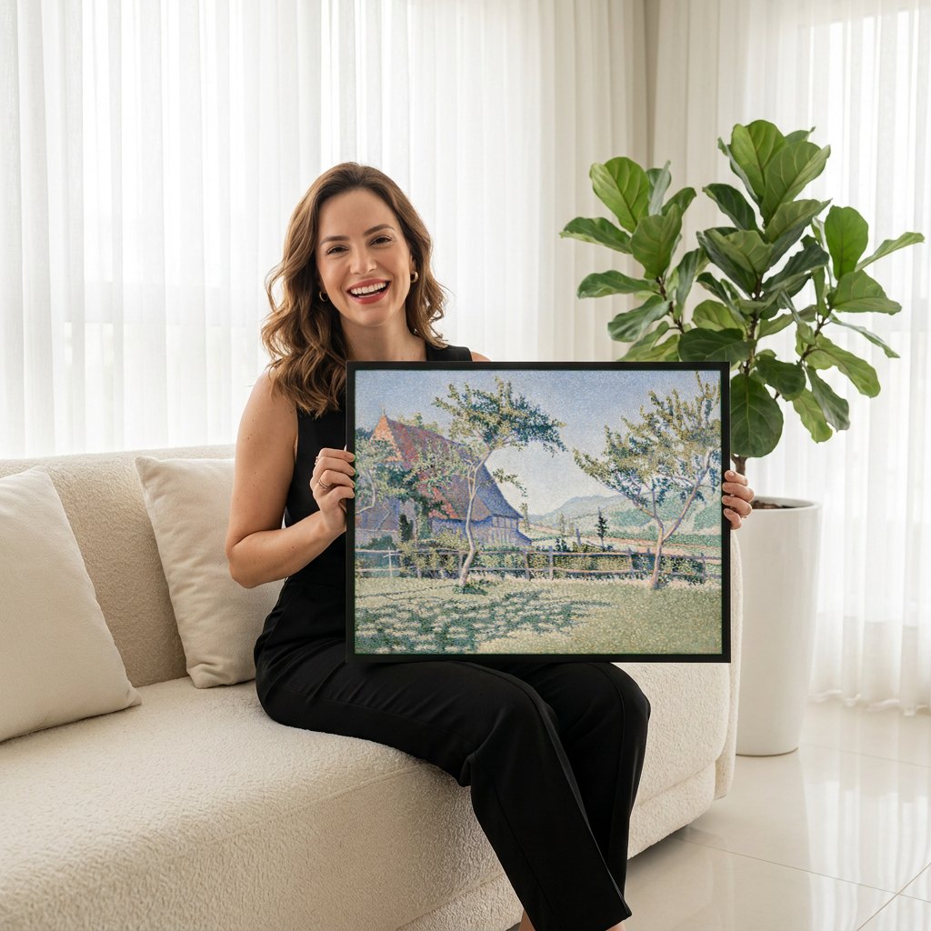 Quadro Decorativo Campo Provençal - Paul Signac | modelo apresentando o quadro emoldurado