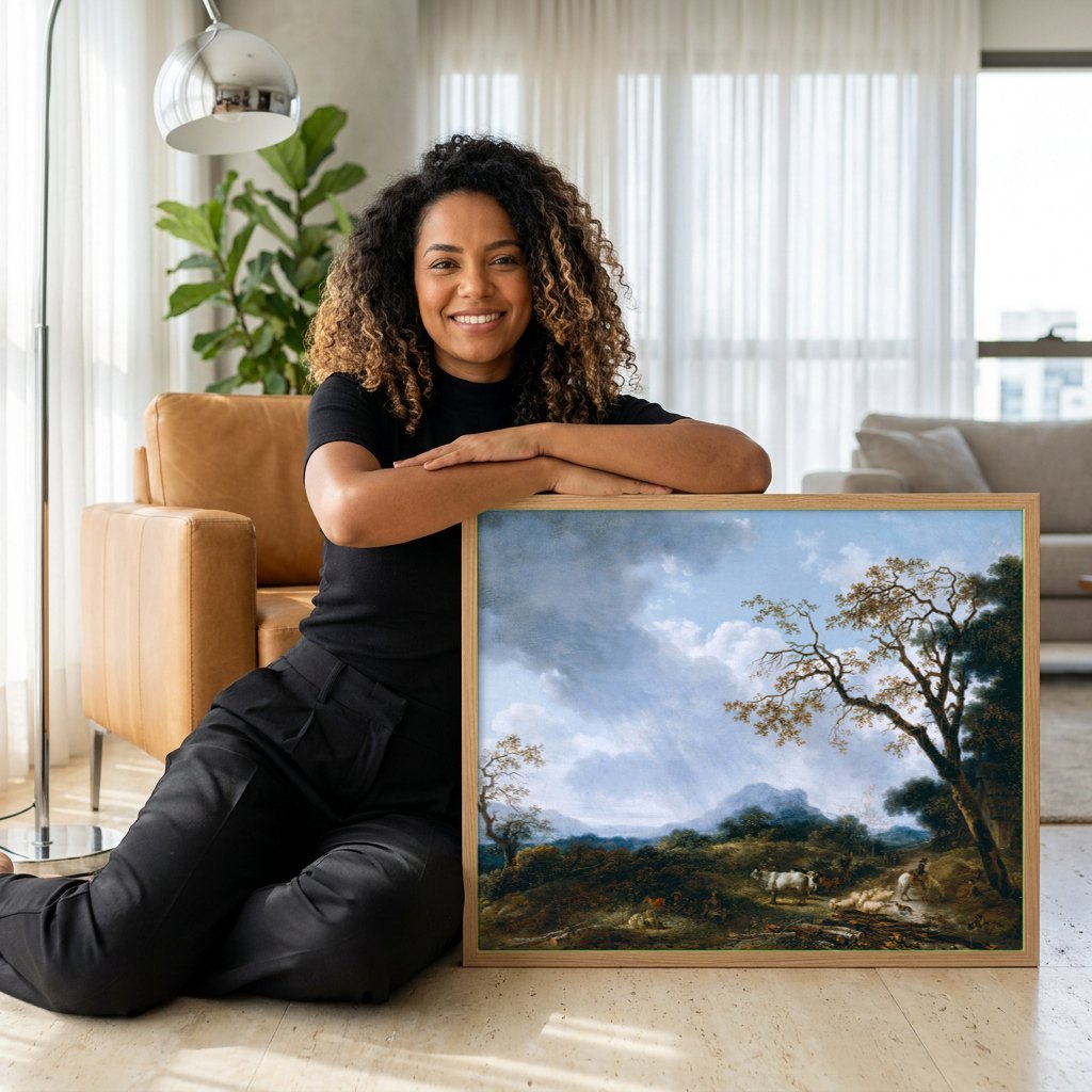 Quadro Decorativo Paisagem com Pastores e Rebanho - Fragonard | modelo apresentando o quadro emoldurado