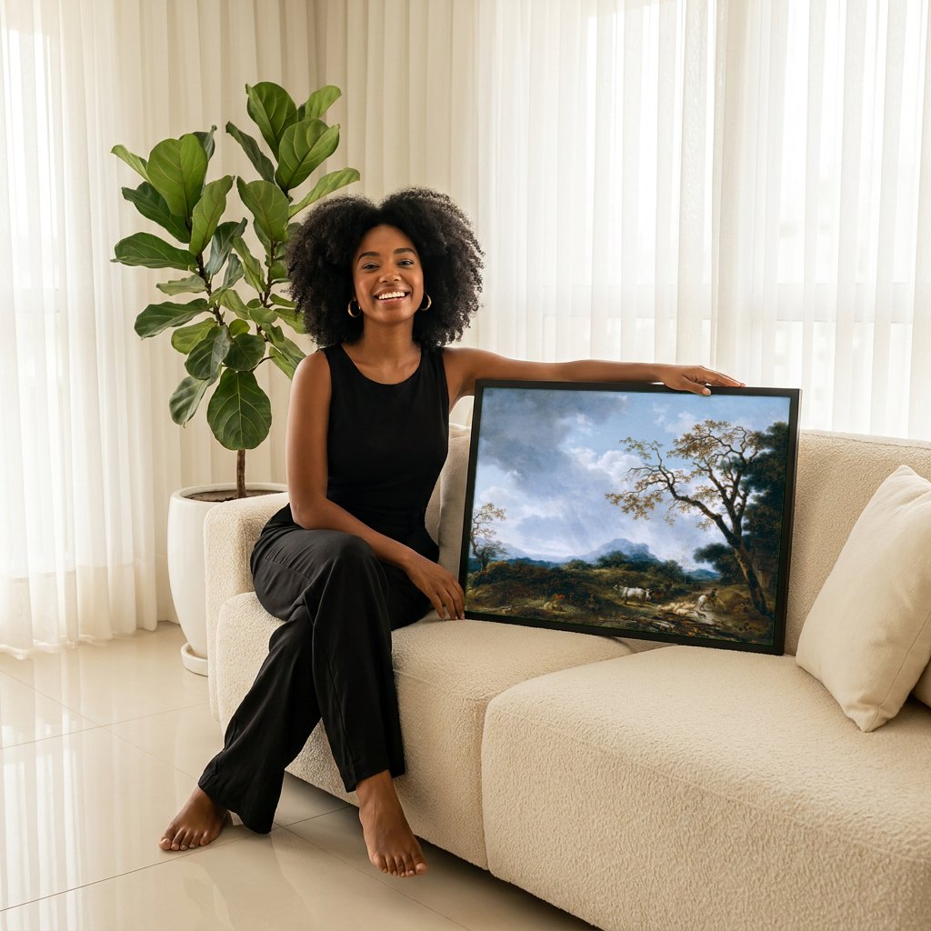 Quadro Decorativo Paisagem com Pastores e Rebanho - Fragonard | modelo apresentando o quadro emoldurado