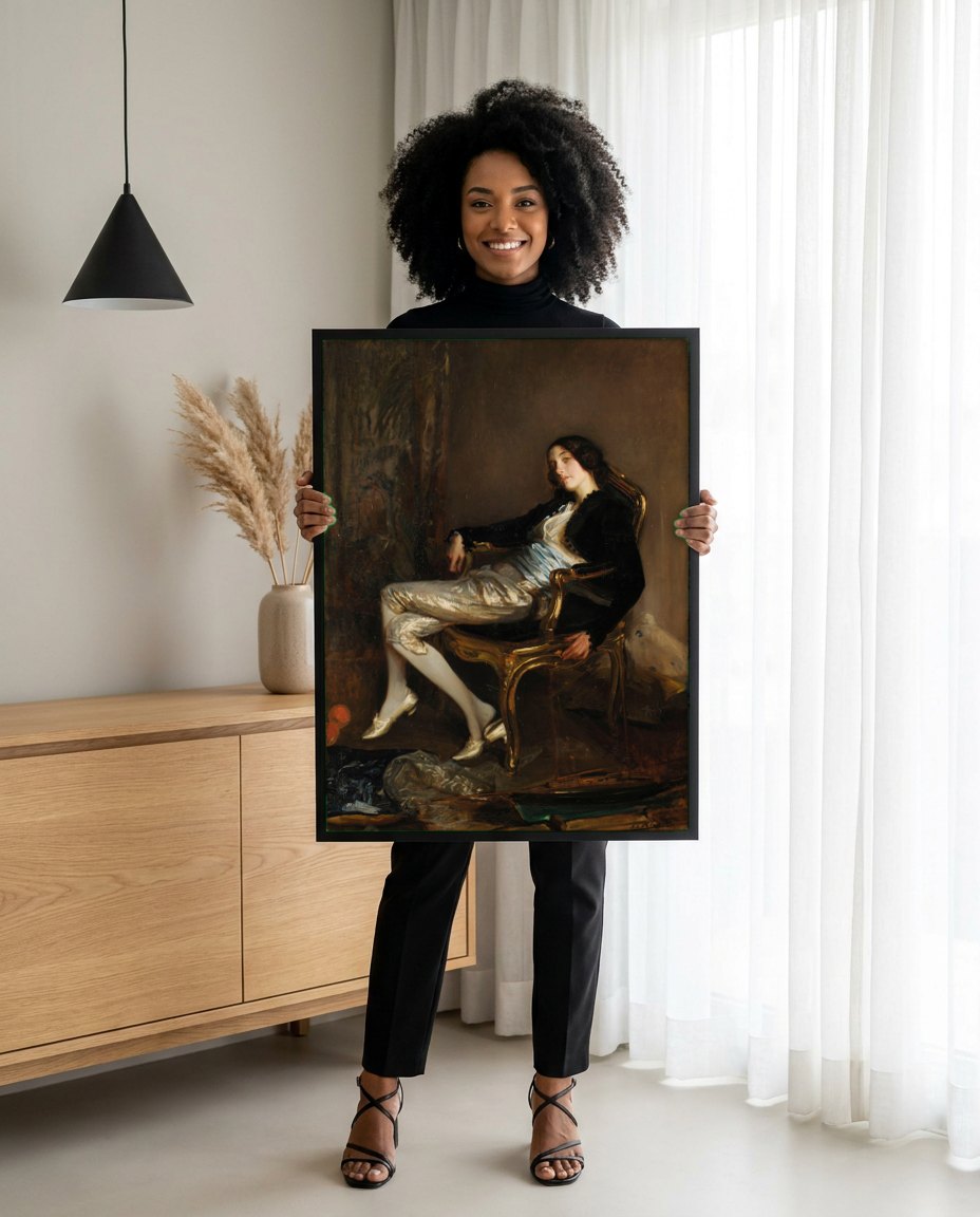 Quadro Decorativo A Dama de Ouro - Jacques Émile Blanche | modelo apresentando o quadro emoldurado