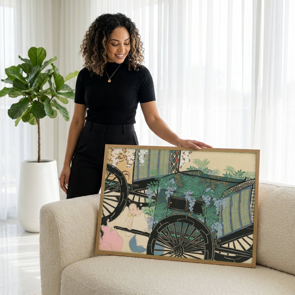 Quadro Decorativo Carruagem e Glicínias - Kamisaka Sekka | modelo apresentando o quadro emoldurado