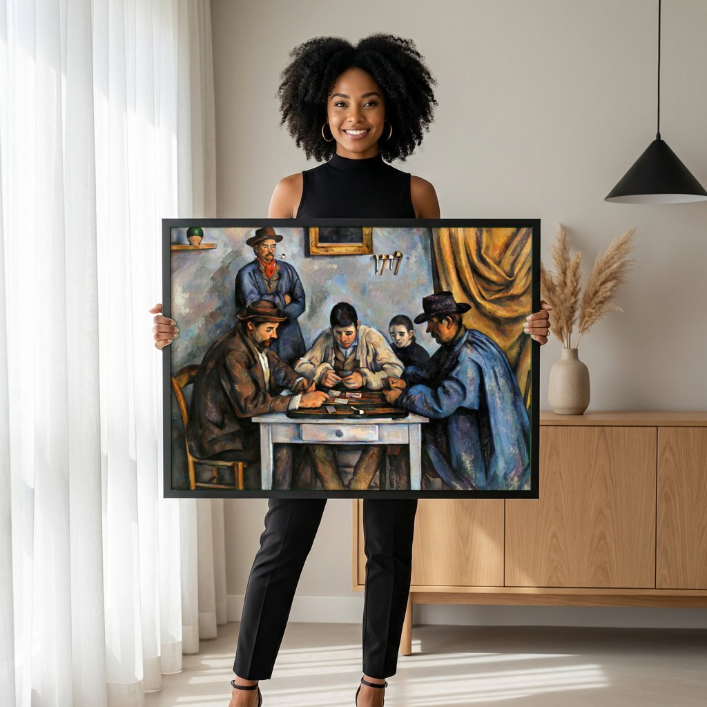 Quadro Decorativo Os Jogadores de Cartas - Cézanne | modelo apresentando o quadro emoldurado