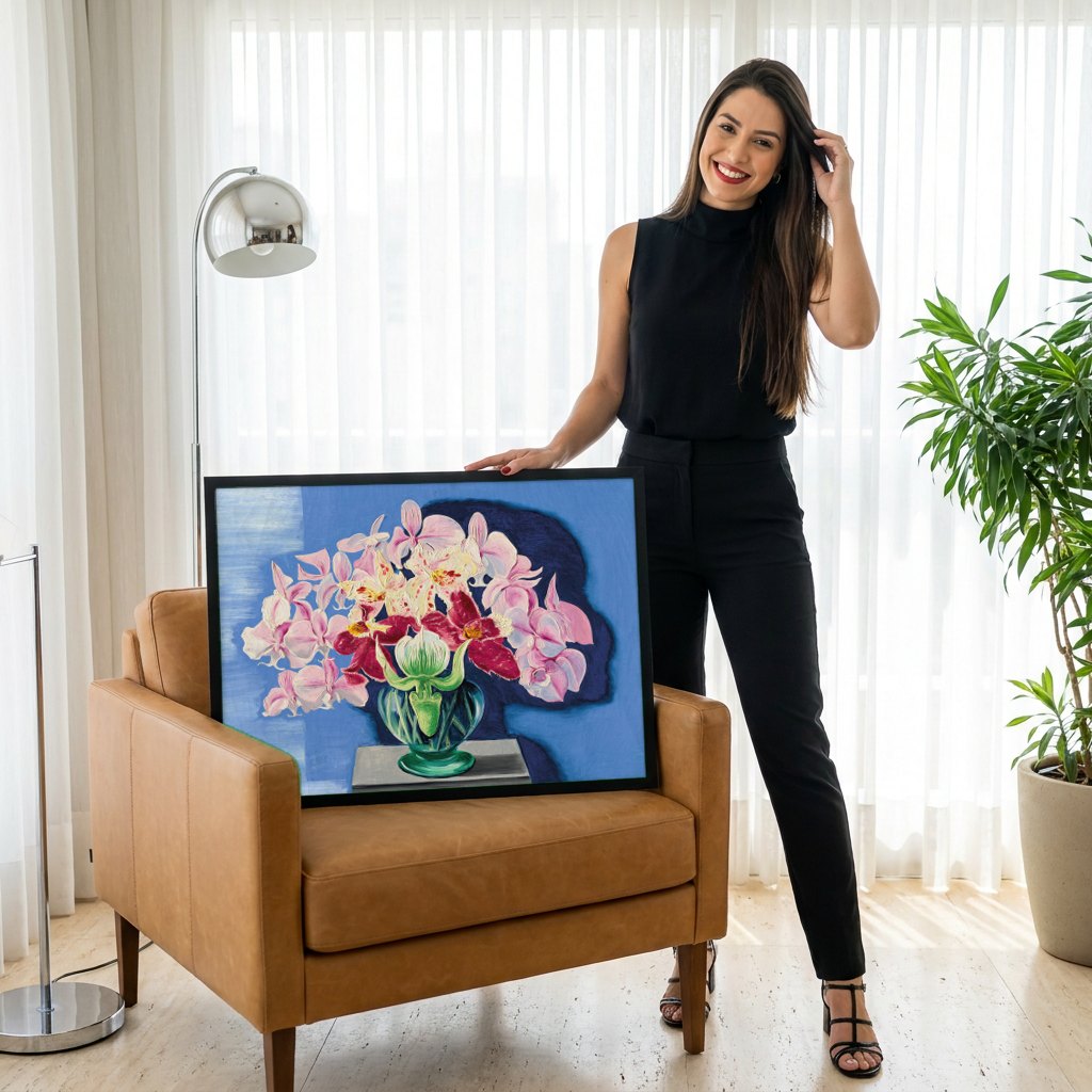 Quadro Decorativo Orquídeas Exuberantes - Moïse Kisling | modelo apresentando o quadro emoldurado