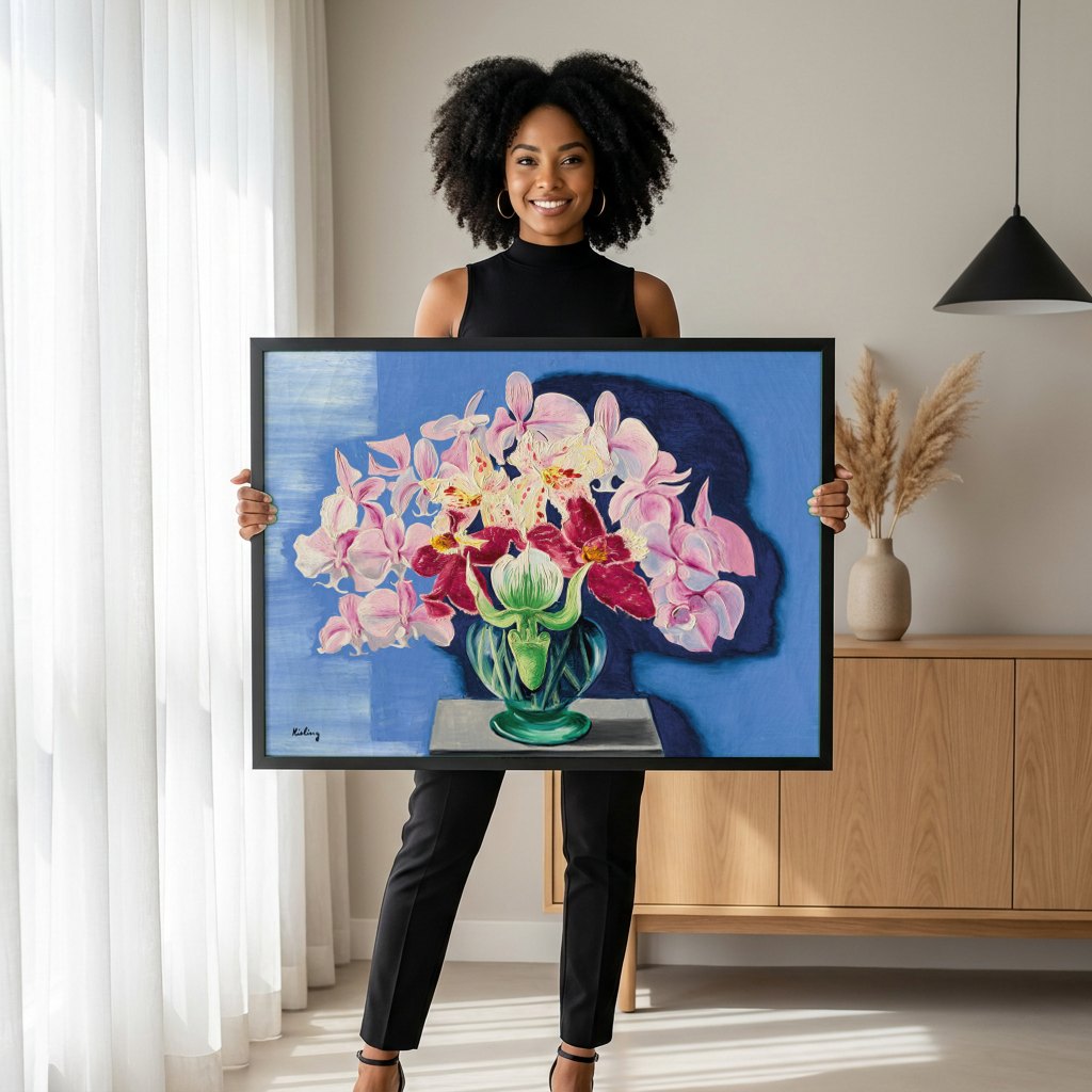 Quadro Decorativo Orquídeas Exuberantes - Moïse Kisling | modelo apresentando o quadro emoldurado