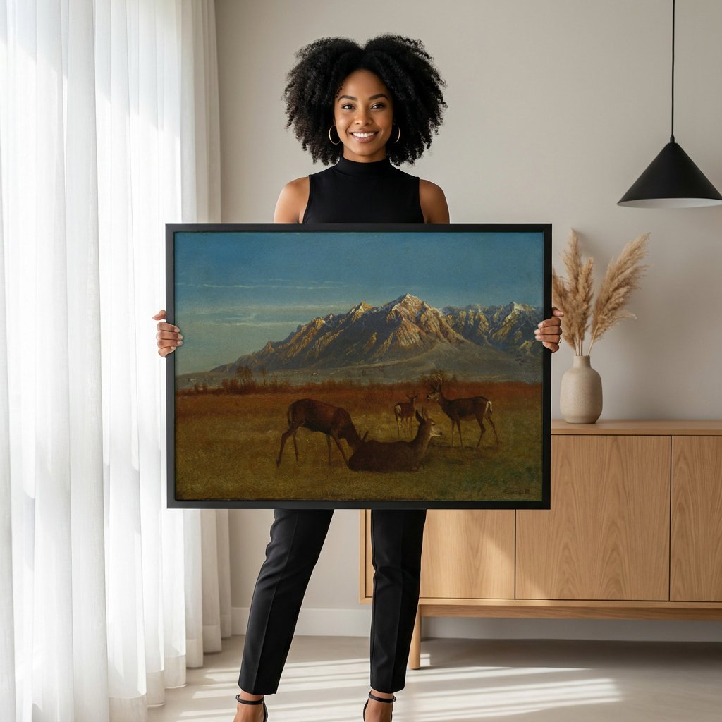 Quadro Decorativo Cervos nas Montanhas - Bierstadt com modelo em ambiente
