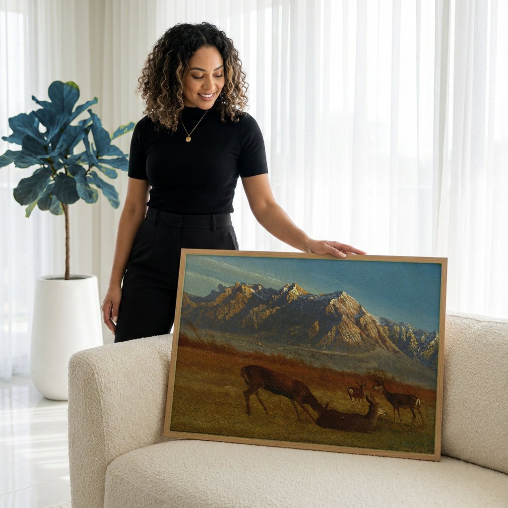 Quadro Decorativo Cervos nas Montanhas - Bierstadt com modelo em ambiente