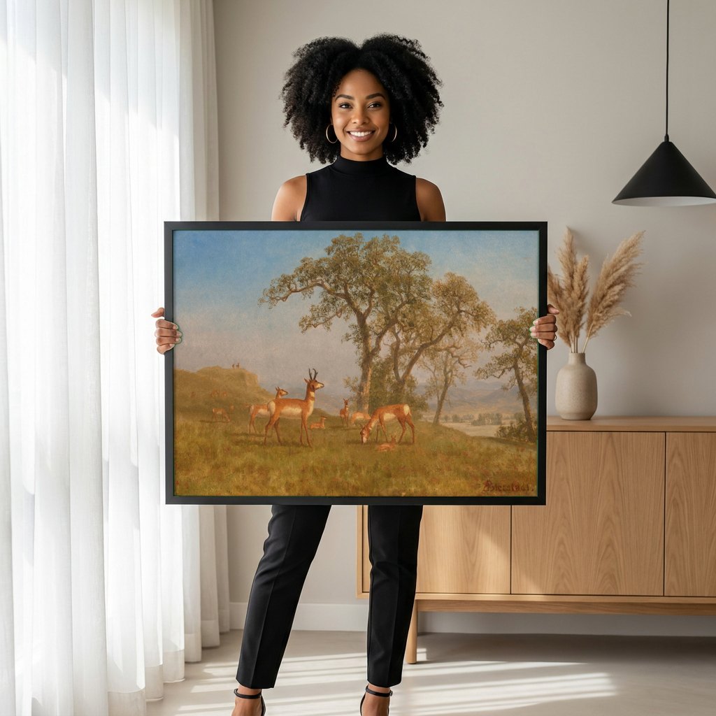 Quadro Decorativo: Paisagem com Antílopes - Albert Bierstadt | modelo apresentando o quadro emoldurado