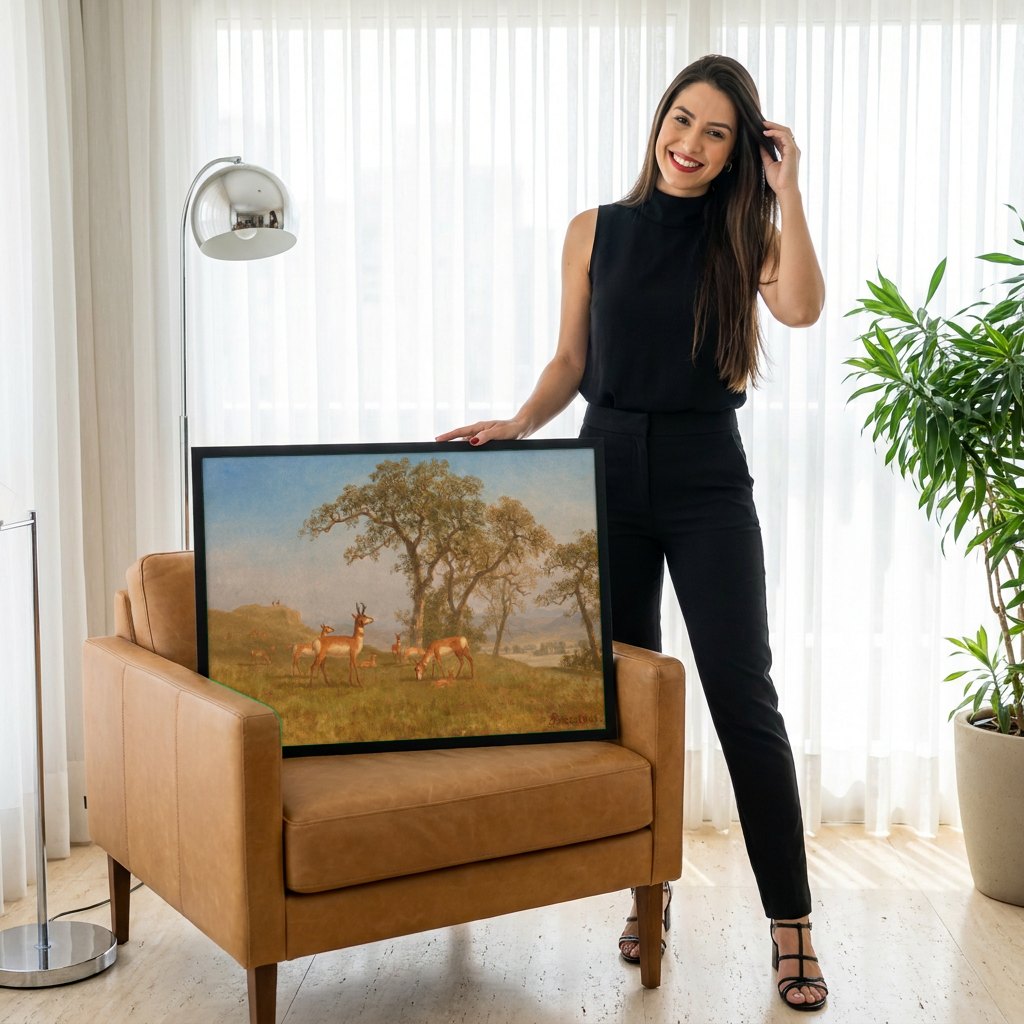 Quadro Decorativo: Paisagem com Antílopes - Albert Bierstadt | modelo apresentando o quadro emoldurado