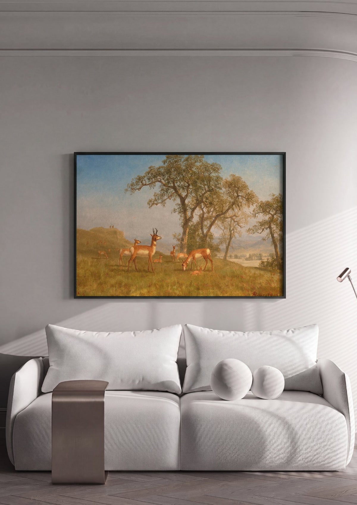 Quadro Decorativo: Paisagem com Antílopes - Albert Bierstadt | quadro emoldurado na parede