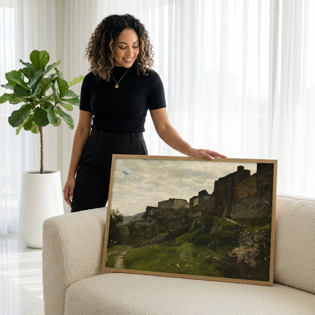 Quadro Decorativo Paisagem com Edifícios Medievais - Hans Thoma | modelo apresentando o quadro emoldurado
