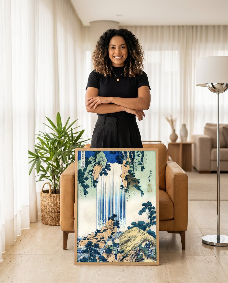 Quadro Decorativo A Cachoeira de Yoshitsune - Hokusai | modelo apresentando o quadro emoldurado