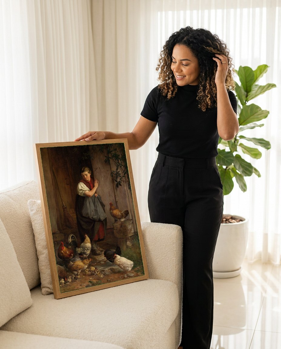 Quadro Decorativo: A Menina e as Galinhas - Hans Thoma | modelo apresentando o quadro emoldurado