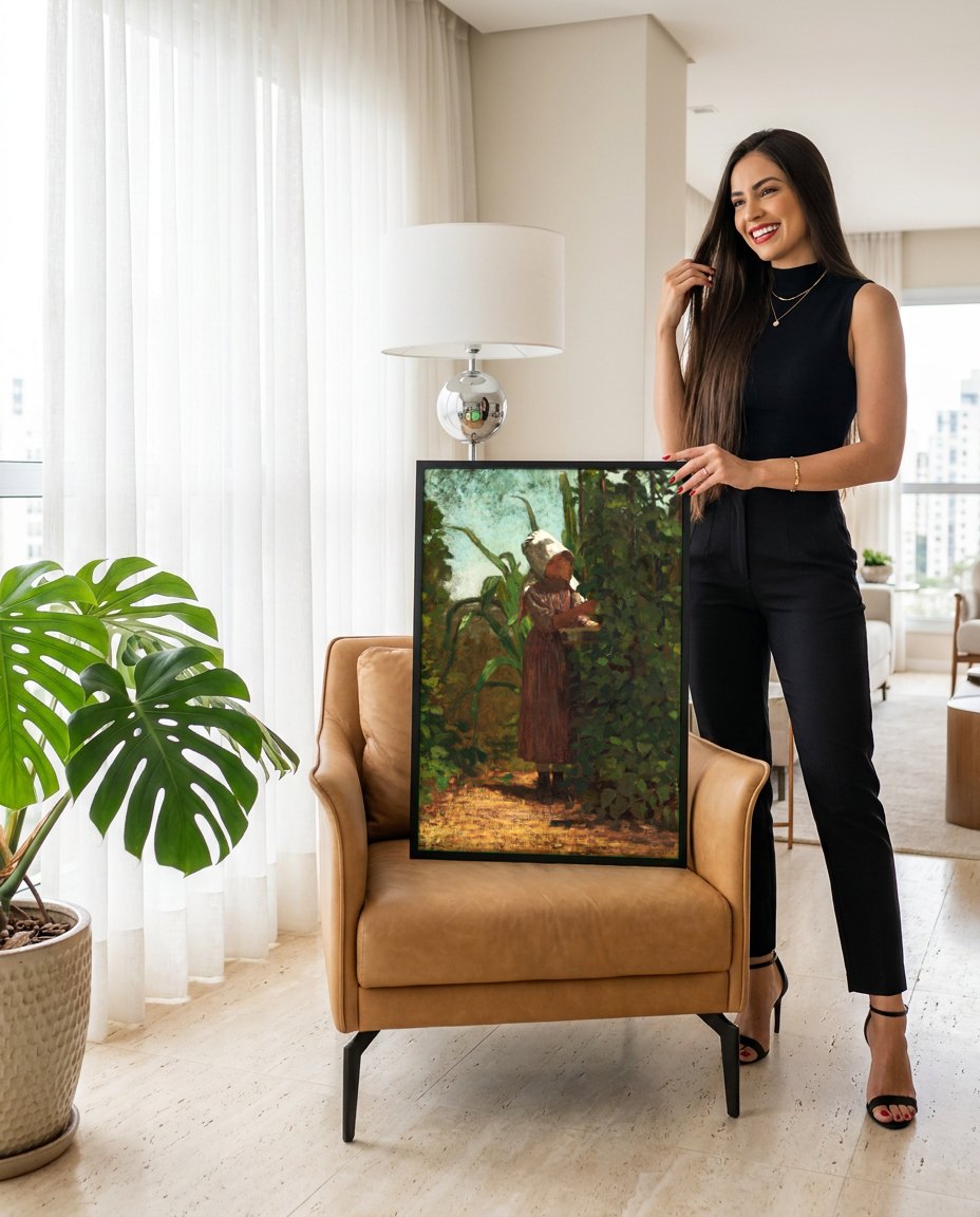 Quadro Decorativo Apanhadora de Feijões - Winslow Homer | modelo apresentando o quadro emoldurado
