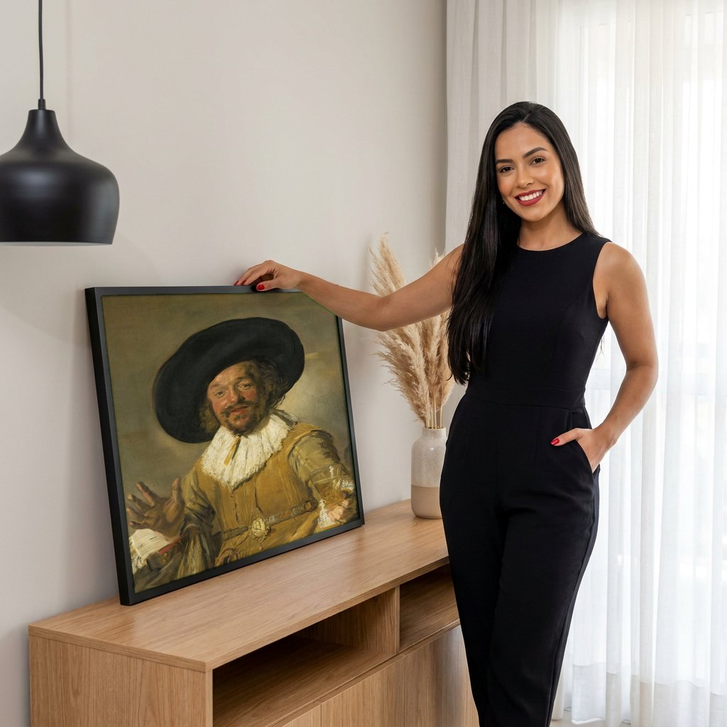 Quadro Decorativo 'O Menino Alegre' - Frans Hals | modelo apresentando o quadro emoldurado