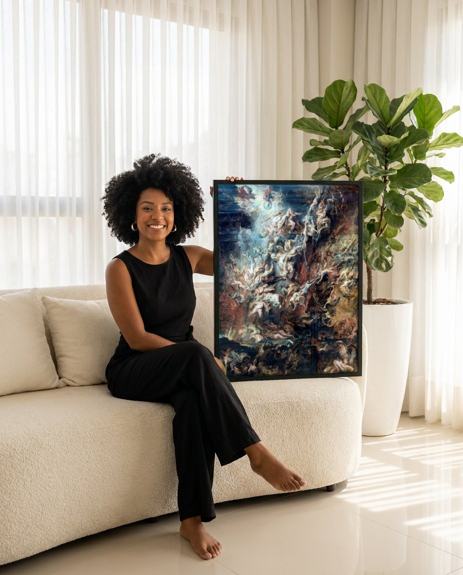 Quadro Decorativo A Queda dos Condenados - Rubens | modelo apresentando o quadro emoldurado