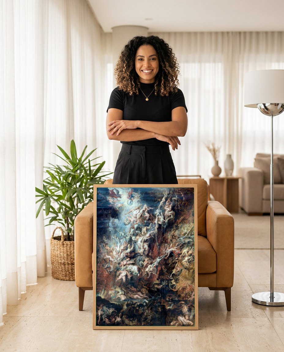 Quadro Decorativo A Queda dos Condenados - Rubens | modelo apresentando o quadro emoldurado
