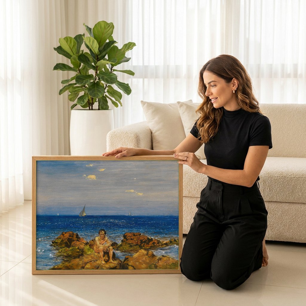 Quadro Decorativo Jovem à Beira-Mar - Hans Thoma | modelo apresentando o quadro emoldurado