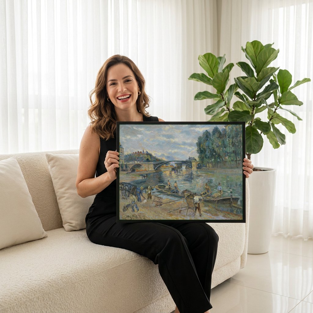 Quadro Decorativo A Ponte e os Lavadores - Armand Guillaumin | modelo apresentando o quadro emoldurado