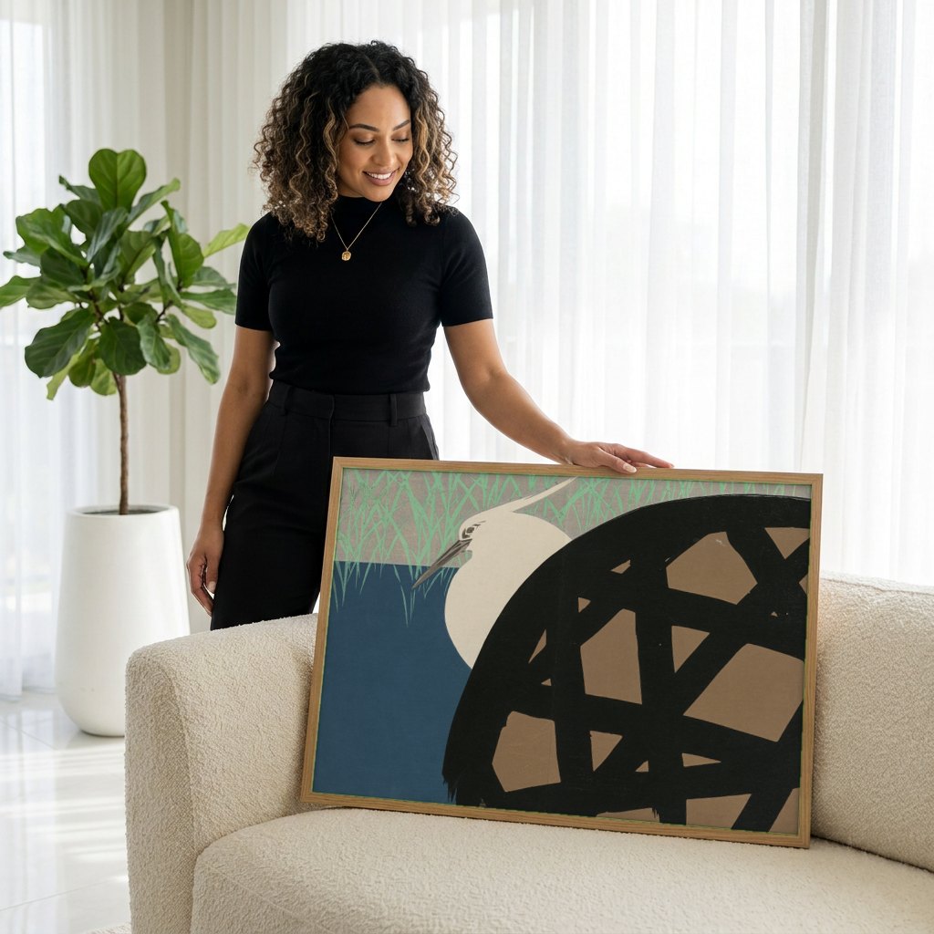 Quadro Decorativo Garça e Reflexos - Kamisaka Sekka | modelo apresentando o quadro emoldurado