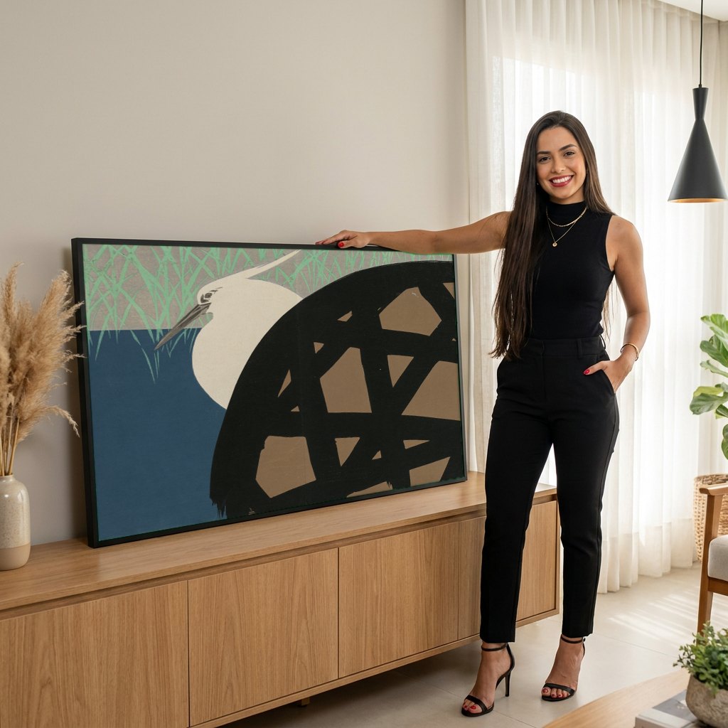 Quadro Decorativo Garça e Reflexos - Kamisaka Sekka | modelo apresentando o quadro emoldurado