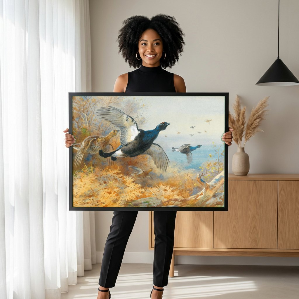 Quadro Decorativo A Revoada dos Grouses - Thorburn | modelo apresentando o quadro emoldurado