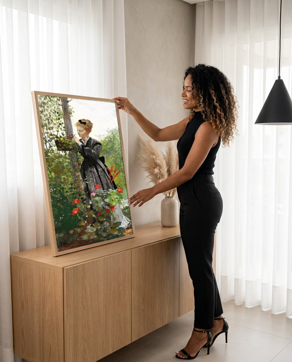 Quadro Decorativo Senhora no Jardim - Winslow Homer | modelo apresentando o quadro emoldurado