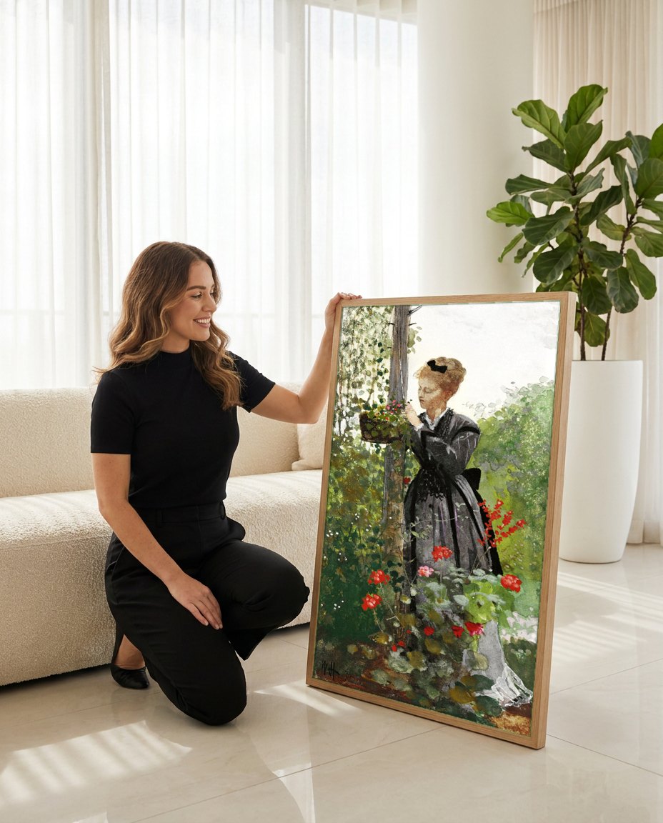 Quadro Decorativo Senhora no Jardim - Winslow Homer | modelo apresentando o quadro emoldurado