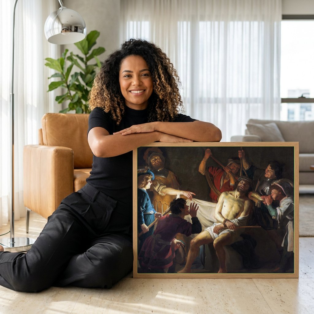 Quadro Decorativo A Coroação de Espinhos - Gerard van Honthorst | modelo apresentando o quadro emoldurado