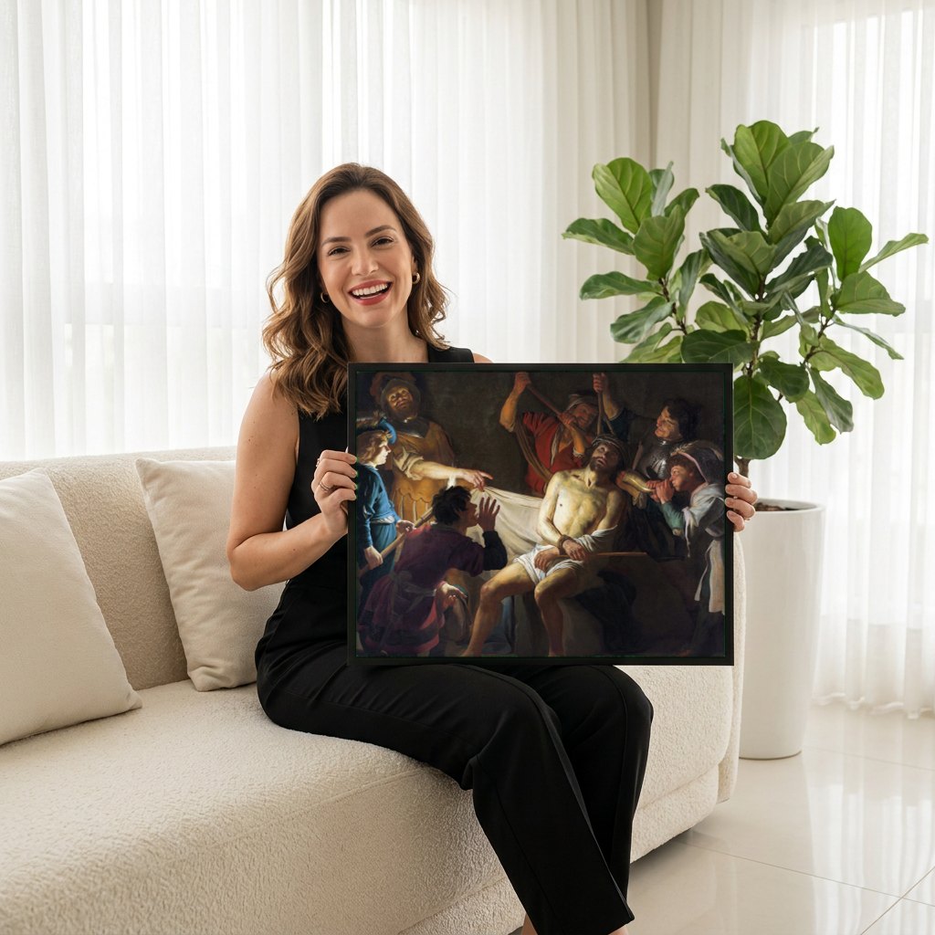 Quadro Decorativo A Coroação de Espinhos - Gerard van Honthorst | modelo apresentando o quadro emoldurado
