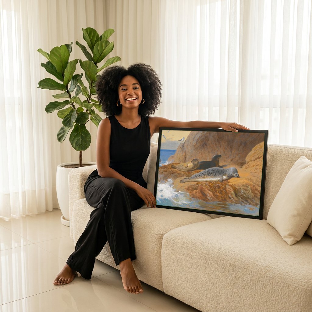 Quadro Decorativo Focas na Costa Escocesa - Thorburn | modelo apresentando o quadro emoldurado