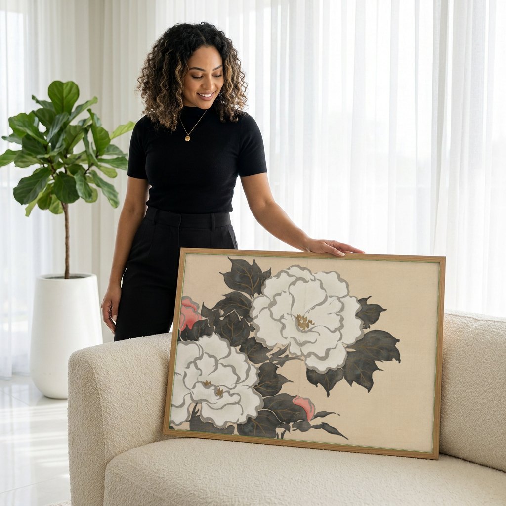 Quadro Decorativo Flores de Peônia - Kamisaka Sekka | modelo apresentando o quadro emoldurado