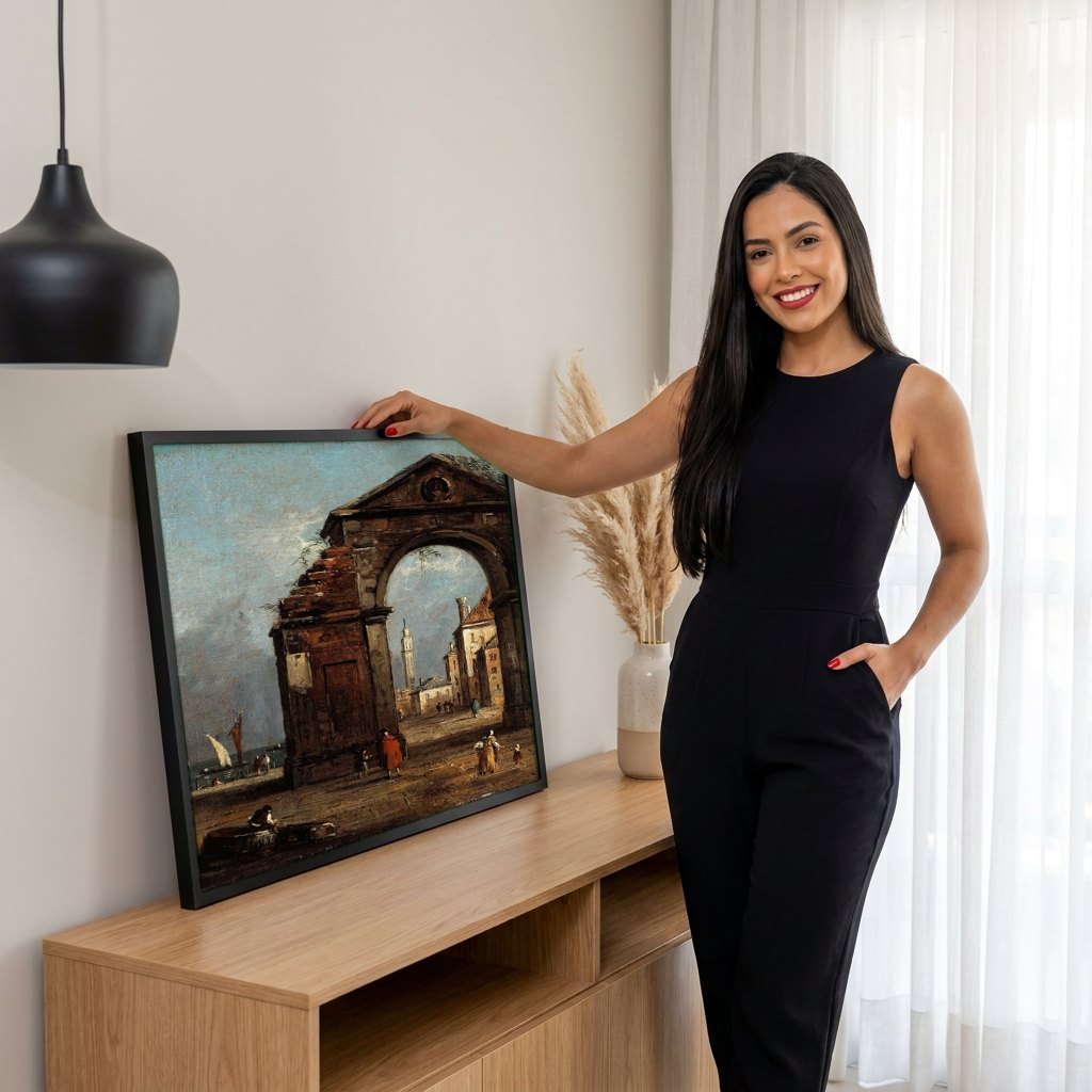 Quadro Decorativo Ruína com Arco - Francesco Guardi | modelo apresentando o quadro emoldurado