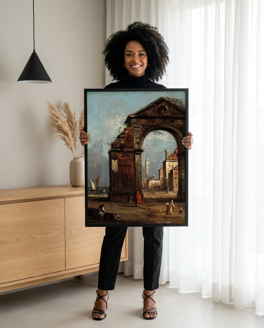 Quadro Decorativo Ruína com Arco - Francesco Guardi | modelo apresentando o quadro emoldurado